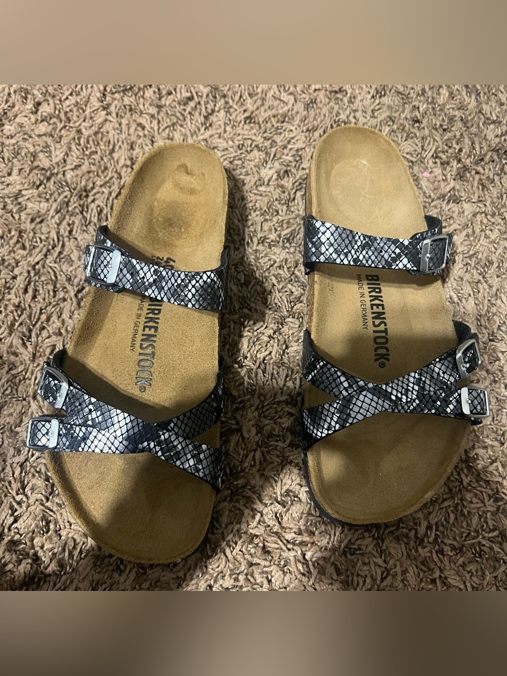 Birkenstock Black & White Snake Print Triple Strap Sandals